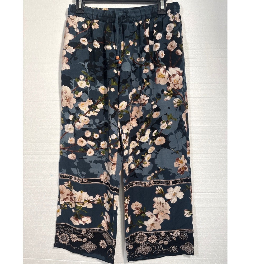 Y2K Signals vintage Pants Womens Small Blue Floral Wide Leg Palazzo Drawstring - Picture 2 of 11